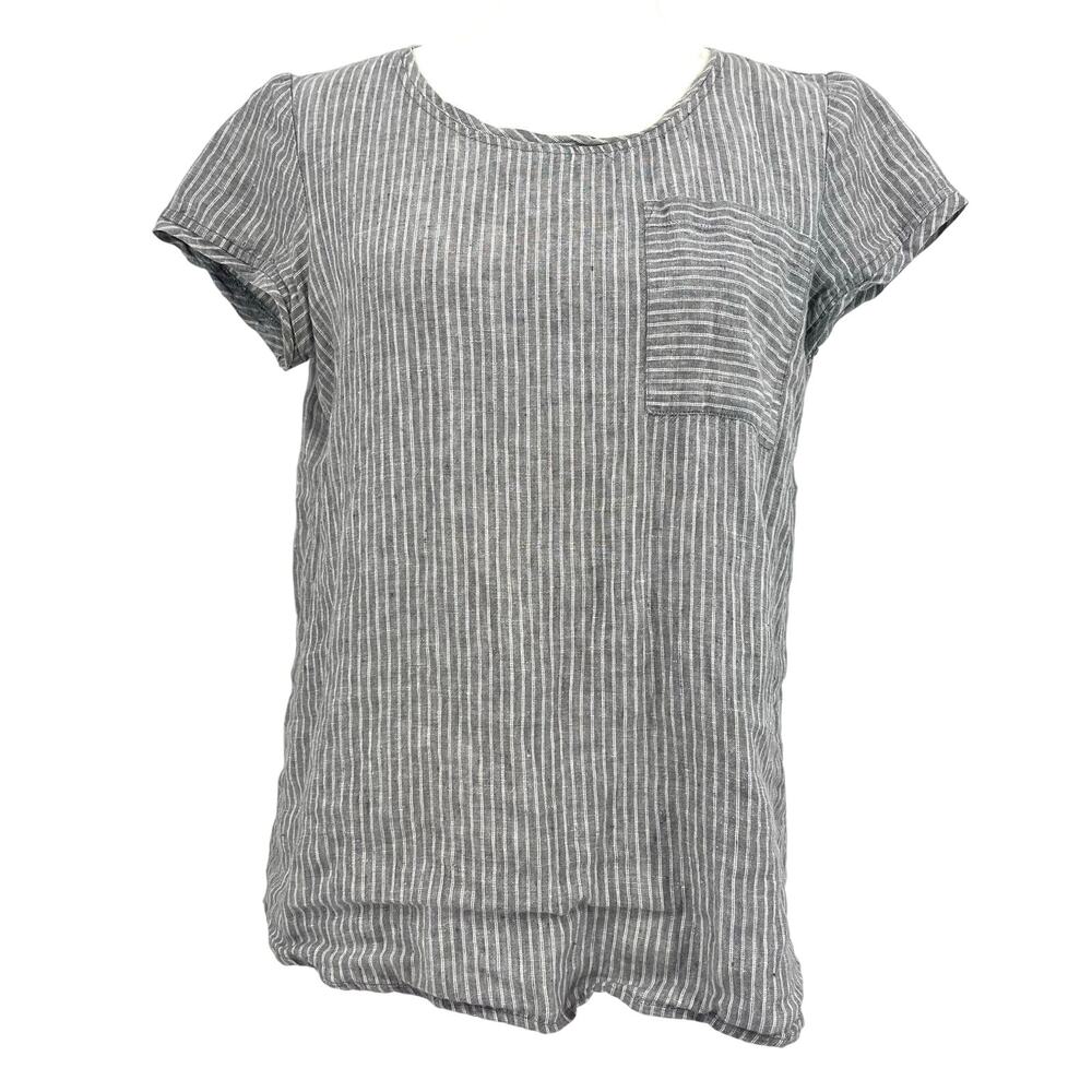 Jones New York Signature Women S Gray Linen Pinstripe Short Sleeve Blouse Tunic